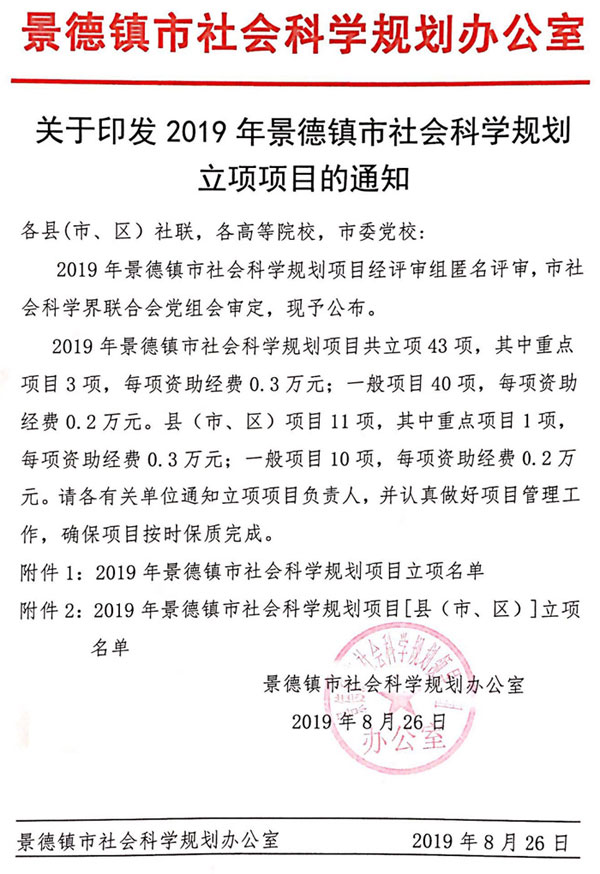 关于2019年景德镇市社会科学规划立项项目的通知